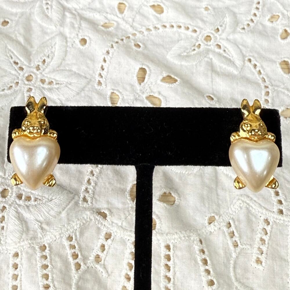 Vintage Gold Tone Faux Pearl Heart Bunny Rabbit Pierced Earrings Coquette Dolly